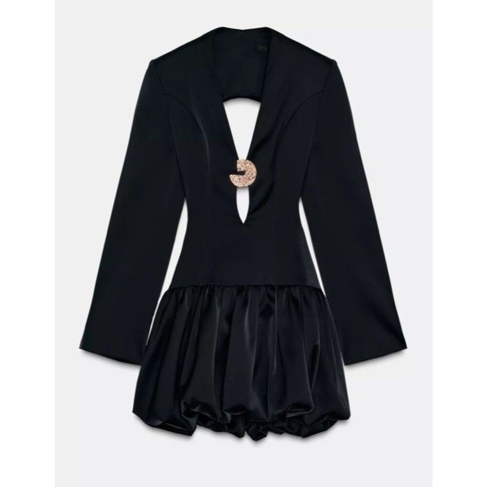 ZARA NWT Puffball Mini Dress Black L Large 9563/605 Deep V Bubble Hem Appliqué